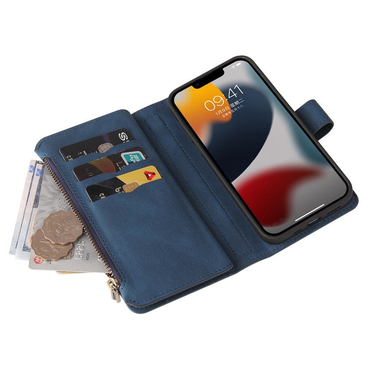 For iPhone 14 6.1 inch KT Multi-Functional Series-2 Multiple Card Slots Stand Phone Case Skin-touch PU Leather Cover with Zipper Pocket Wallet - Blue