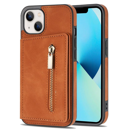 For iPhone 14 6.1 inch PU Leather Coated TPU Phone Case Kickstand Anti-scratch Back Cover with Zipper Pocket Card Holder - Brown