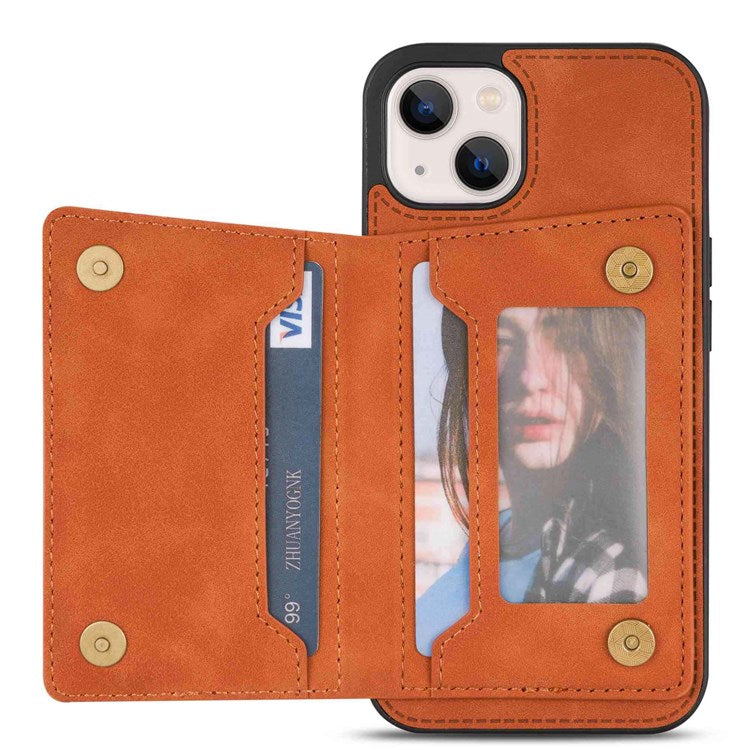 For iPhone 14 6.1 inch PU Leather Coated TPU Phone Case Kickstand Anti-scratch Back Cover with Zipper Pocket Card Holder - Brown