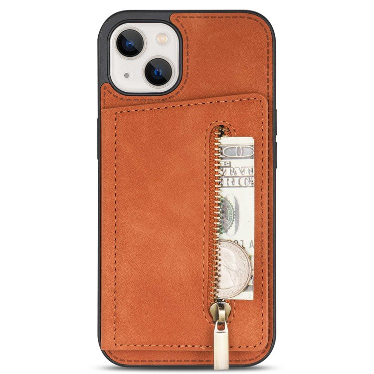 For iPhone 14 6.1 inch PU Leather Coated TPU Phone Case Kickstand Anti-scratch Back Cover with Zipper Pocket Card Holder - Brown