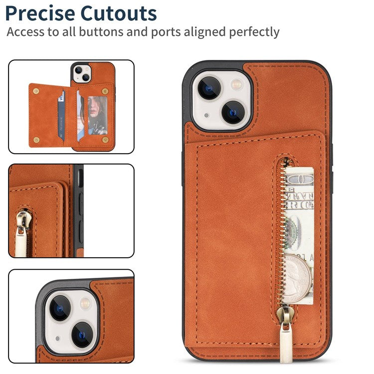 For iPhone 14 6.1 inch PU Leather Coated TPU Phone Case Kickstand Anti-scratch Back Cover with Zipper Pocket Card Holder - Brown