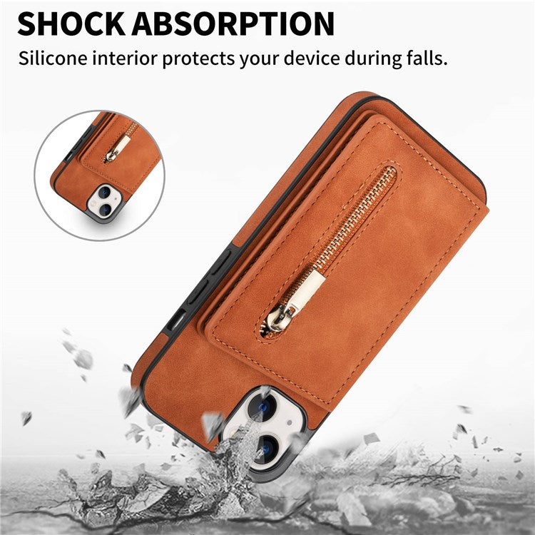 For iPhone 14 6.1 inch PU Leather Coated TPU Phone Case Kickstand Anti-scratch Back Cover with Zipper Pocket Card Holder - Brown