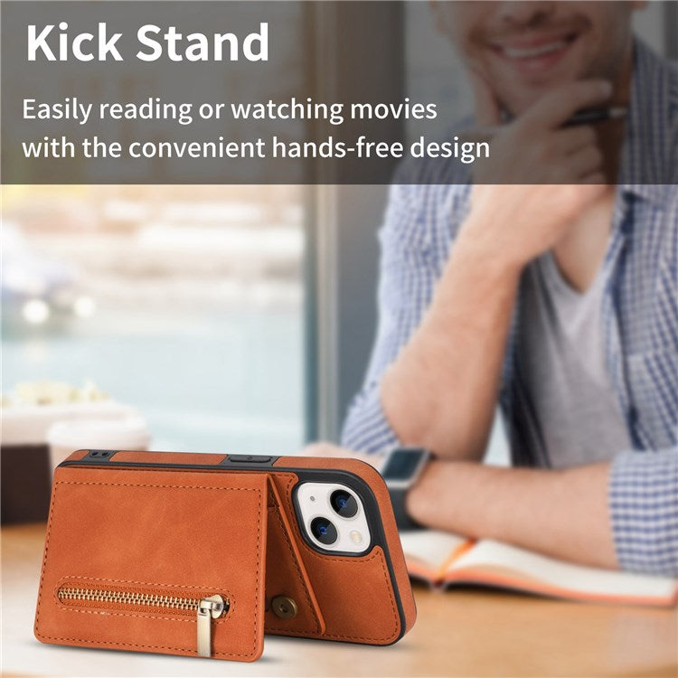 For iPhone 14 6.1 inch PU Leather Coated TPU Phone Case Kickstand Anti-scratch Back Cover with Zipper Pocket Card Holder - Brown