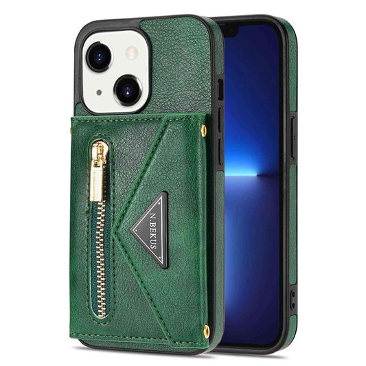 N.BEKUS Anti-scratch Phone Case for iPhone 14 Plus 6.7 inch, PU Leather Coated TPU Back Cover Card Holder Kickstand with Strap - Green