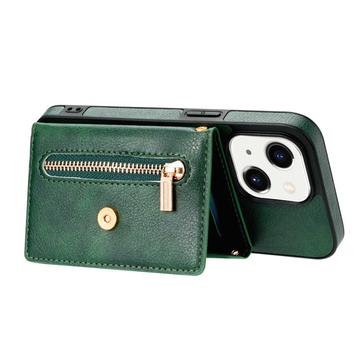 N.BEKUS Anti-scratch Phone Case for iPhone 14 Plus 6.7 inch, PU Leather Coated TPU Back Cover Card Holder Kickstand with Strap - Green