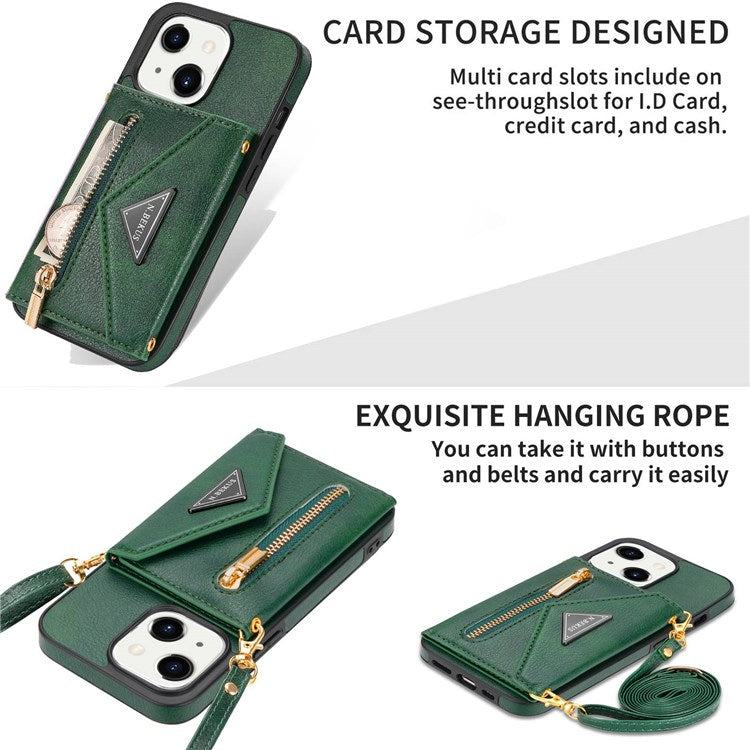 N.BEKUS Anti-scratch Phone Case for iPhone 14 Plus 6.7 inch, PU Leather Coated TPU Back Cover Card Holder Kickstand with Strap - Green