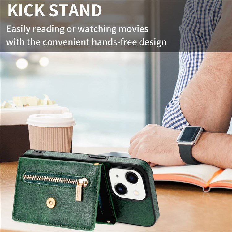 N.BEKUS Anti-scratch Phone Case for iPhone 14 Plus 6.7 inch, PU Leather Coated TPU Back Cover Card Holder Kickstand with Strap - Green