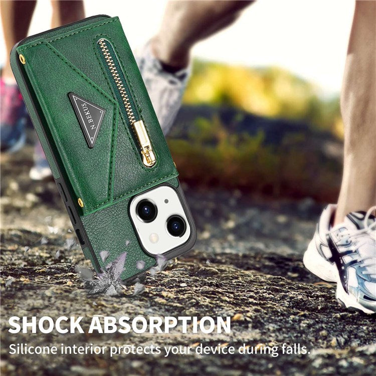 N.BEKUS Anti-scratch Phone Case for iPhone 14 Plus 6.7 inch, PU Leather Coated TPU Back Cover Card Holder Kickstand with Strap - Green