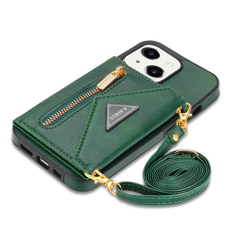 N.BEKUS Anti-scratch Phone Case for iPhone 14 Plus 6.7 inch, PU Leather Coated TPU Back Cover Card Holder Kickstand with Strap - Green