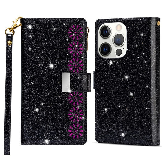 For iPhone 14 Plus 6.7 inch Flip Cover, Laser Carving Glittery Starry Style Zipper Wallet Stand Leather Phone Case with Strap - Black