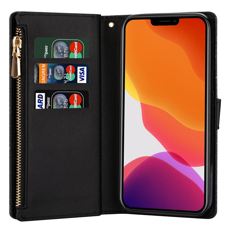 For iPhone 14 Plus 6.7 inch Flip Cover, Laser Carving Glittery Starry Style Zipper Wallet Stand Leather Phone Case with Strap - Black