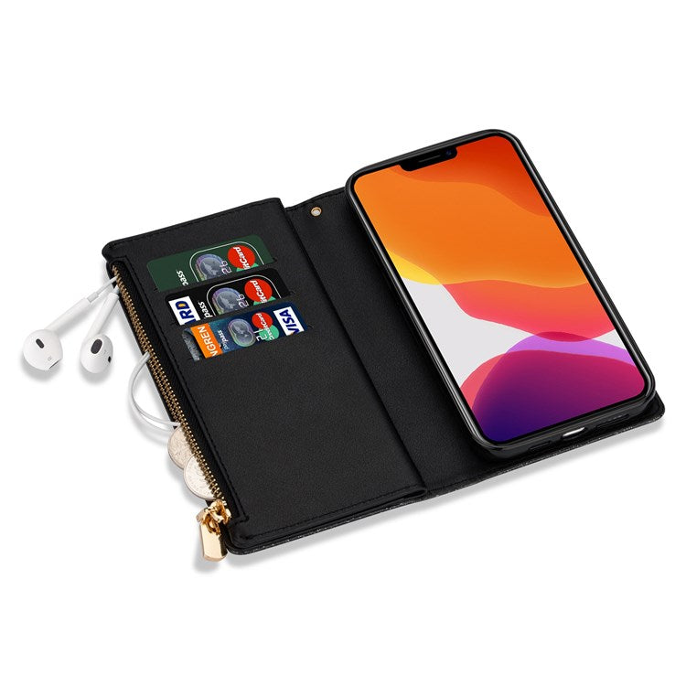 For iPhone 14 Plus 6.7 inch Flip Cover, Laser Carving Glittery Starry Style Zipper Wallet Stand Leather Phone Case with Strap - Black