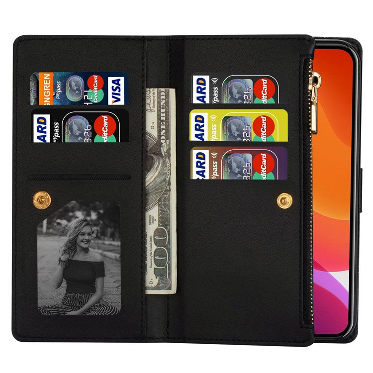 For iPhone 14 Plus 6.7 inch Flip Cover, Laser Carving Glittery Starry Style Zipper Wallet Stand Leather Phone Case with Strap - Black