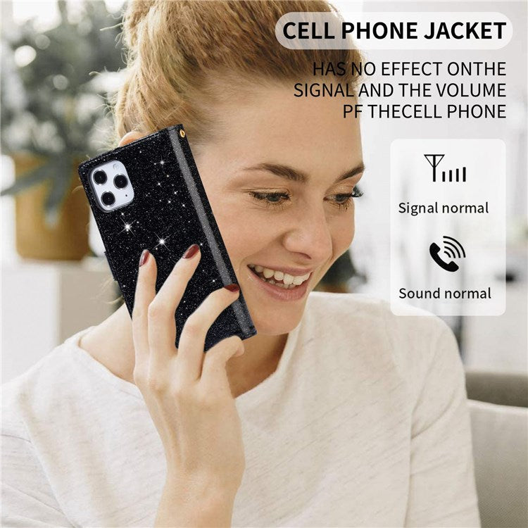 For iPhone 14 Plus 6.7 inch Flip Cover, Laser Carving Glittery Starry Style Zipper Wallet Stand Leather Phone Case with Strap - Black