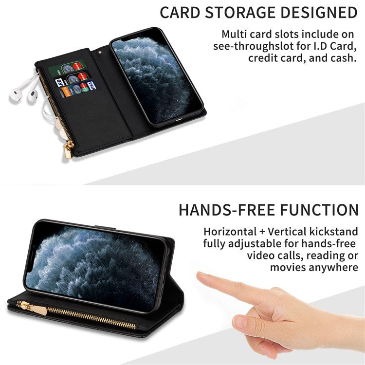 For iPhone 14 Plus 6.7 inch Flip Cover, Laser Carving Glittery Starry Style Zipper Wallet Stand Leather Phone Case with Strap - Black