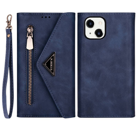 For iPhone 14 6.1 inch Anti-scratch Phone Case PU Leather Skin-touch Feeling Zipper Wallet Stand Cover with Short + Long Strap - Blue