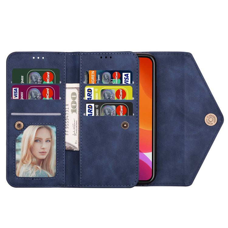 For iPhone 14 6.1 inch Anti-scratch Phone Case PU Leather Skin-touch Feeling Zipper Wallet Stand Cover with Short + Long Strap - Blue