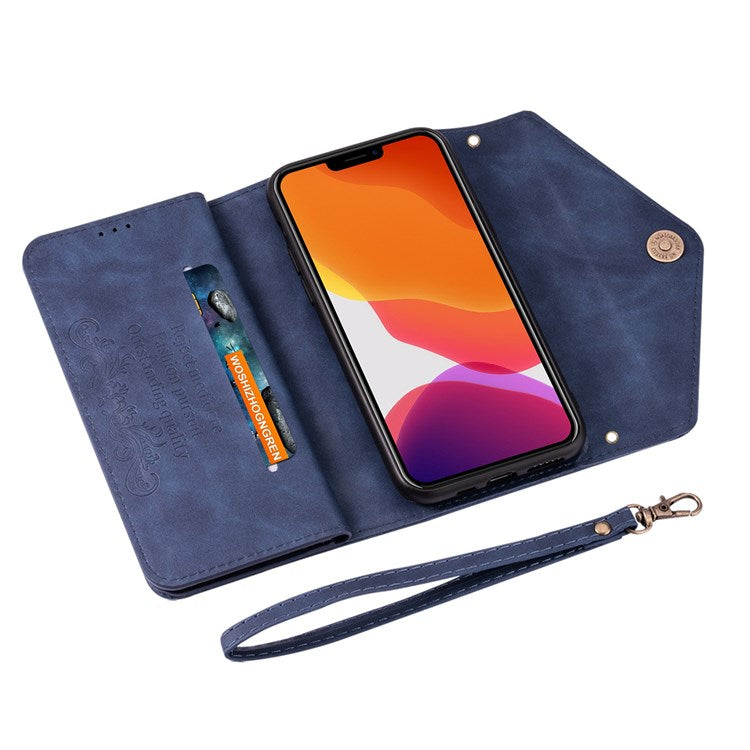 For iPhone 14 6.1 inch Anti-scratch Phone Case PU Leather Skin-touch Feeling Zipper Wallet Stand Cover with Short + Long Strap - Blue