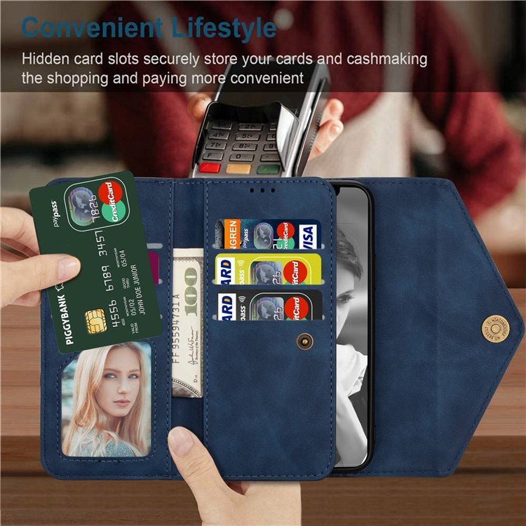 For iPhone 14 6.1 inch Anti-scratch Phone Case PU Leather Skin-touch Feeling Zipper Wallet Stand Cover with Short + Long Strap - Blue