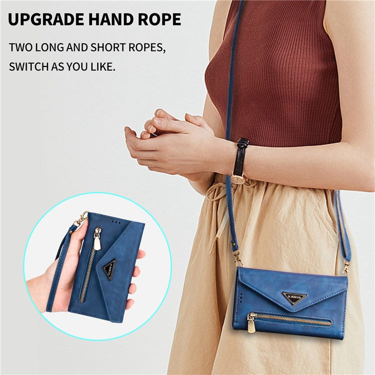 For iPhone 14 6.1 inch Anti-scratch Phone Case PU Leather Skin-touch Feeling Zipper Wallet Stand Cover with Short + Long Strap - Blue