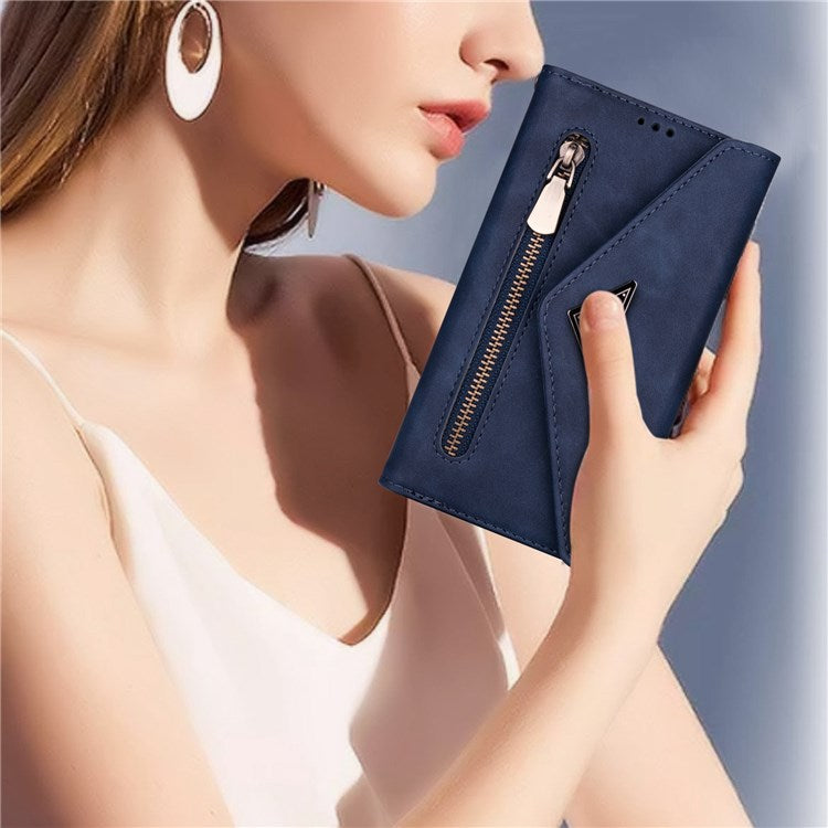 For iPhone 14 6.1 inch Anti-scratch Phone Case PU Leather Skin-touch Feeling Zipper Wallet Stand Cover with Short + Long Strap - Blue