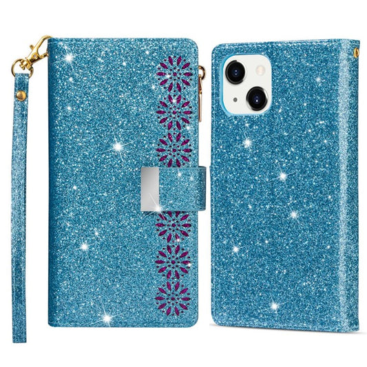 For iPhone 14 6.1 inch Anti-scratch Flip Leather Case, Laser Carving Glittery Starry Style Zipper Wallet Stand with Strap - Blue