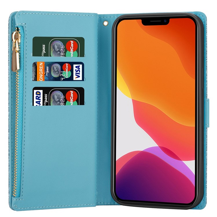 For iPhone 14 6.1 inch Anti-scratch Flip Leather Case, Laser Carving Glittery Starry Style Zipper Wallet Stand with Strap - Blue