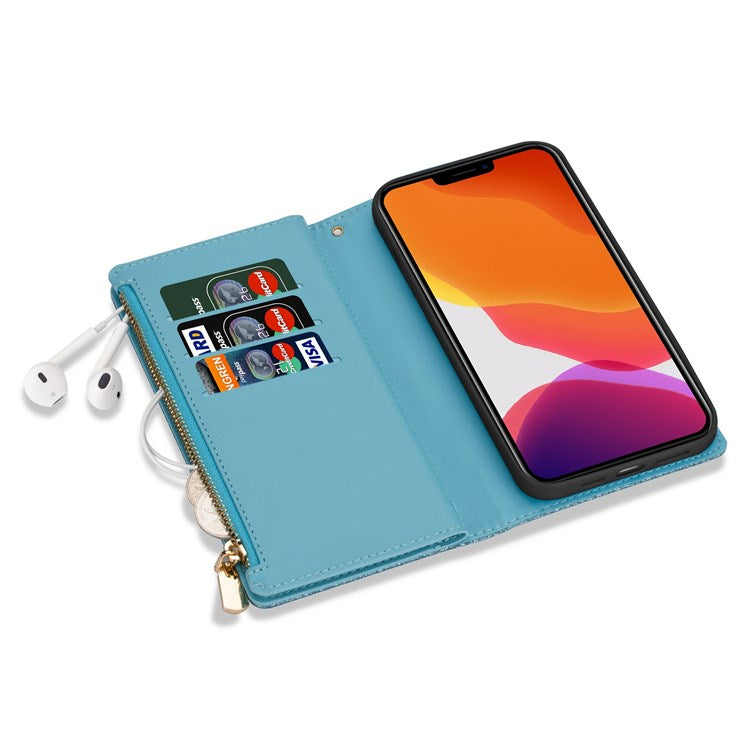 For iPhone 14 6.1 inch Anti-scratch Flip Leather Case, Laser Carving Glittery Starry Style Zipper Wallet Stand with Strap - Blue