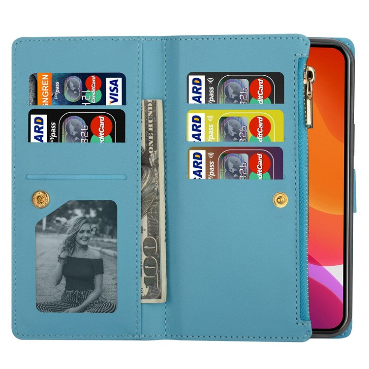 For iPhone 14 6.1 inch Anti-scratch Flip Leather Case, Laser Carving Glittery Starry Style Zipper Wallet Stand with Strap - Blue