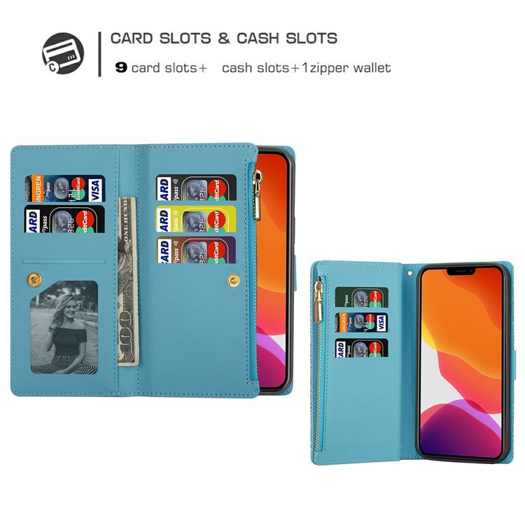For iPhone 14 6.1 inch Anti-scratch Flip Leather Case, Laser Carving Glittery Starry Style Zipper Wallet Stand with Strap - Blue
