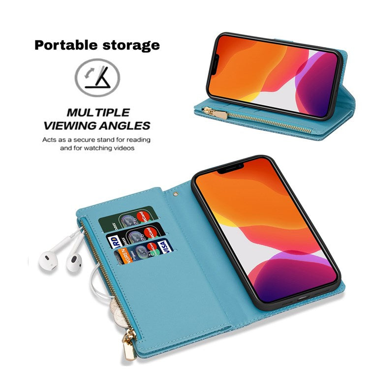 For iPhone 14 6.1 inch Anti-scratch Flip Leather Case, Laser Carving Glittery Starry Style Zipper Wallet Stand with Strap - Blue