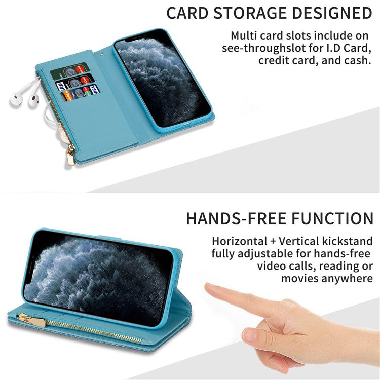 For iPhone 14 6.1 inch Anti-scratch Flip Leather Case, Laser Carving Glittery Starry Style Zipper Wallet Stand with Strap - Blue
