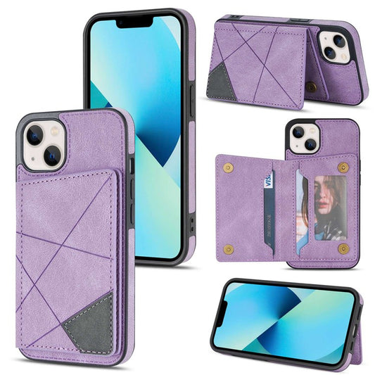 For iPhone 14 6.1 inch Line Splicing Imprinted Phone Case Card Holder Kickstand Anti-scratch PU Leather Phone Cover - Purple