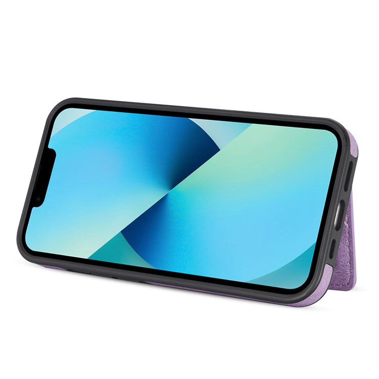 For iPhone 14 6.1 inch Line Splicing Imprinted Phone Case Card Holder Kickstand Anti-scratch PU Leather Phone Cover - Purple