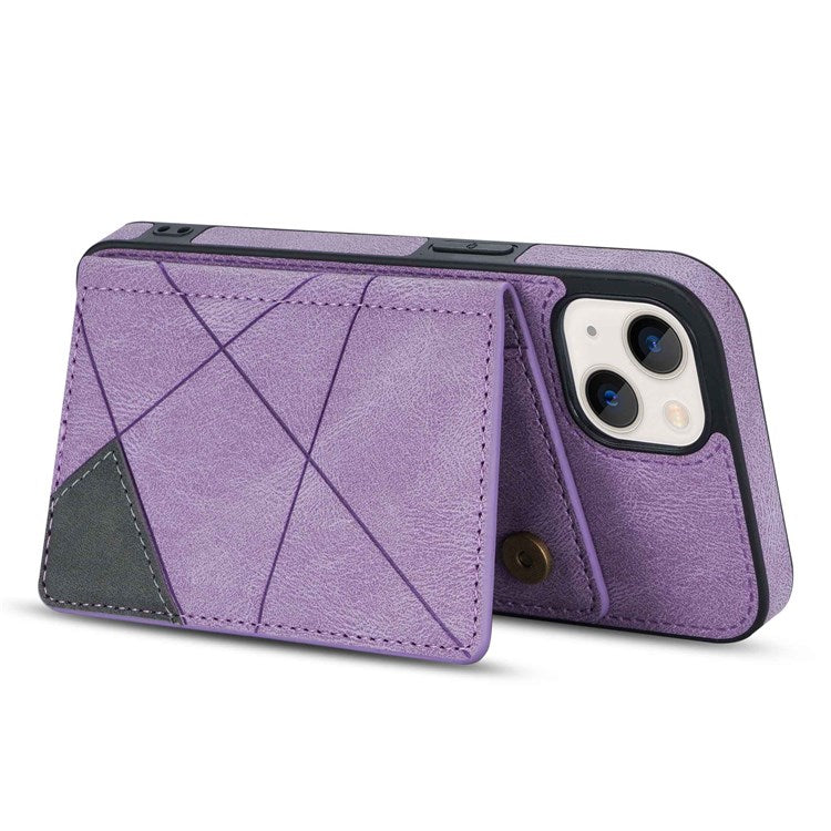 For iPhone 14 6.1 inch Line Splicing Imprinted Phone Case Card Holder Kickstand Anti-scratch PU Leather Phone Cover - Purple