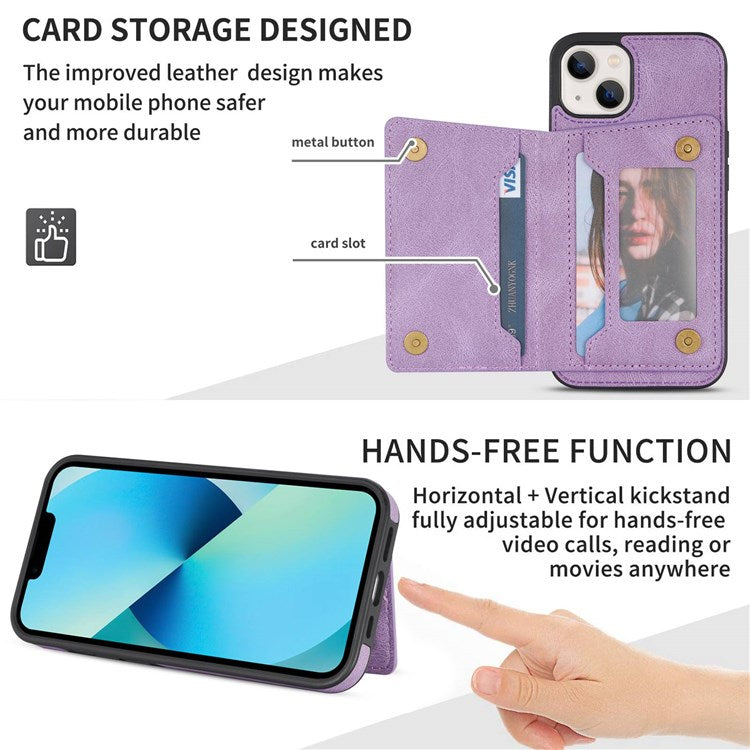 For iPhone 14 6.1 inch Line Splicing Imprinted Phone Case Card Holder Kickstand Anti-scratch PU Leather Phone Cover - Purple