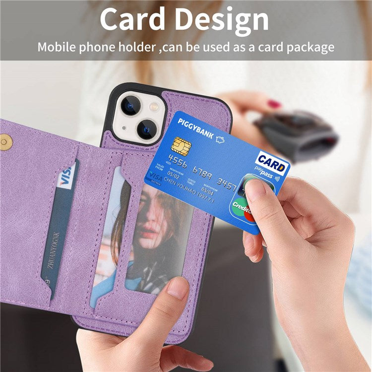 For iPhone 14 6.1 inch Line Splicing Imprinted Phone Case Card Holder Kickstand Anti-scratch PU Leather Phone Cover - Purple