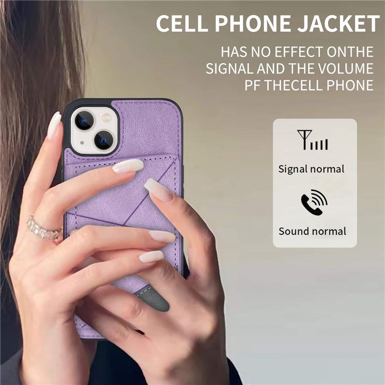 For iPhone 14 6.1 inch Line Splicing Imprinted Phone Case Card Holder Kickstand Anti-scratch PU Leather Phone Cover - Purple