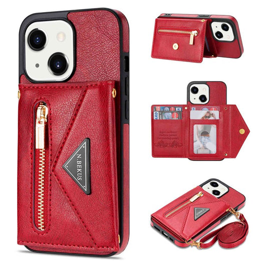 N.BEKUS Phone Wallet Case for iPhone 14 6.1 inch, Anti-fall PU Leather Coated TPU Back Cover Card Holder Kickstand with Strap - Red