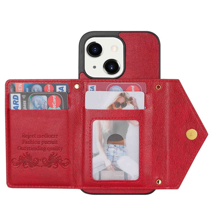 N.BEKUS Phone Wallet Case for iPhone 14 6.1 inch, Anti-fall PU Leather Coated TPU Back Cover Card Holder Kickstand with Strap - Red