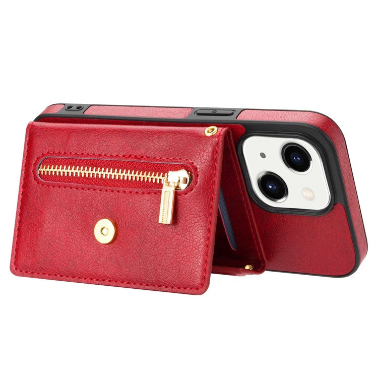 N.BEKUS Phone Wallet Case for iPhone 14 6.1 inch, Anti-fall PU Leather Coated TPU Back Cover Card Holder Kickstand with Strap - Red