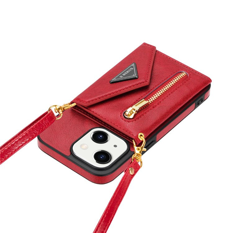 N.BEKUS Phone Wallet Case for iPhone 14 6.1 inch, Anti-fall PU Leather Coated TPU Back Cover Card Holder Kickstand with Strap - Red