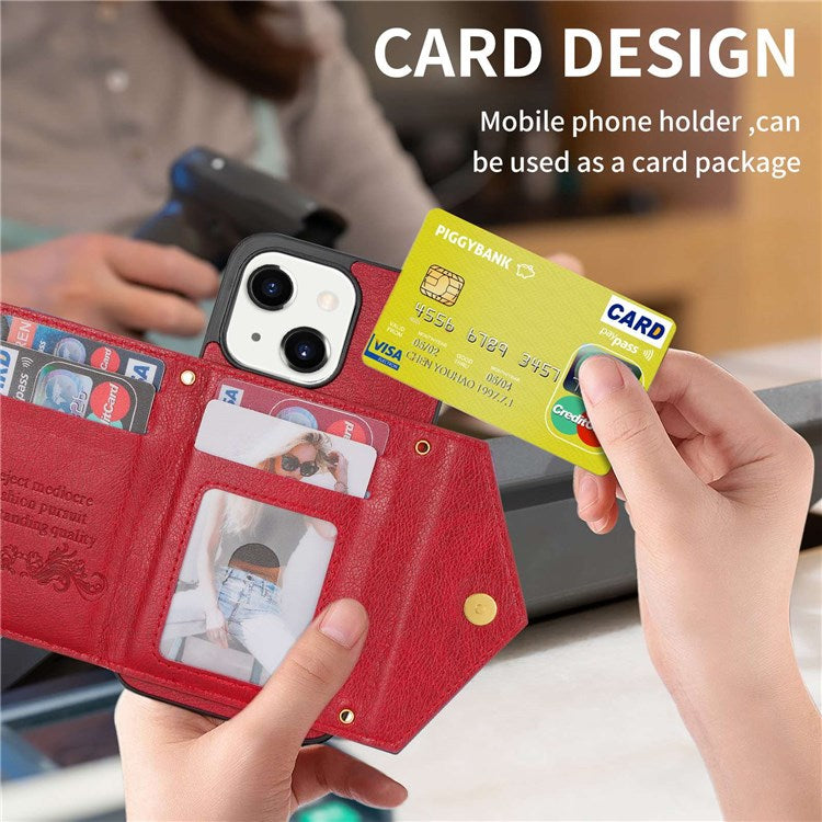 N.BEKUS Phone Wallet Case for iPhone 14 6.1 inch, Anti-fall PU Leather Coated TPU Back Cover Card Holder Kickstand with Strap - Red