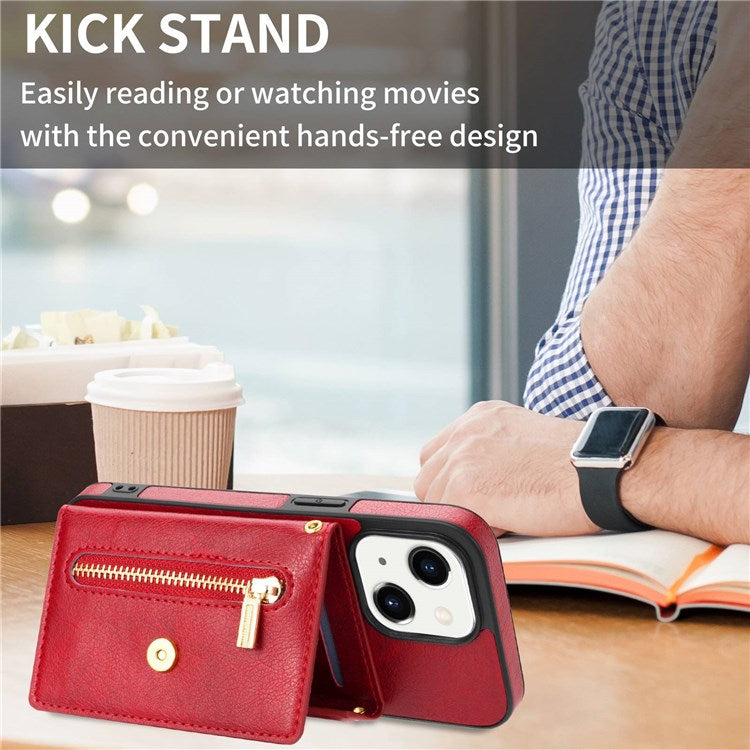 N.BEKUS Phone Wallet Case for iPhone 14 6.1 inch, Anti-fall PU Leather Coated TPU Back Cover Card Holder Kickstand with Strap - Red