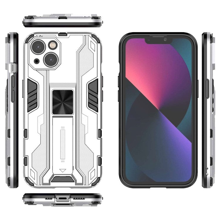 For iPhone 14 6.1 inch Flexible TPU Hard PC Shockproof Case Kickstand Hands-free Back Cover - Silver