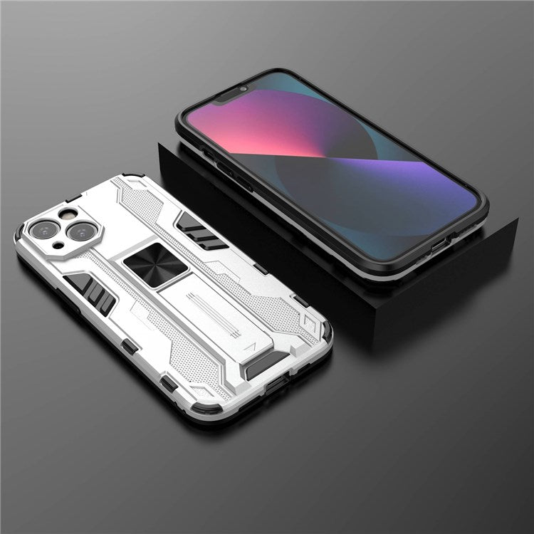 For iPhone 14 Plus 6.7 inch Shockproof Hard PC+Soft TPU Cell Phone Cover Camera Protection Kickstand Back Case - Silver