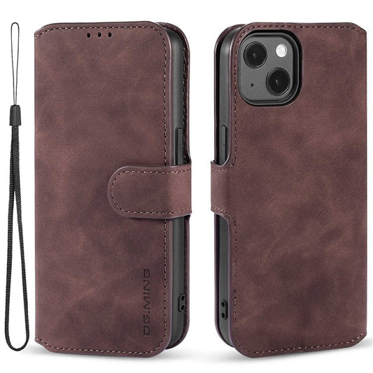 DG.MING For iPhone 14 Plus 6.7 inch Anti-scratch PU Leather Wallet Phone Case Stand Retro Style Magnetic Closure Phone Cover - Coffee