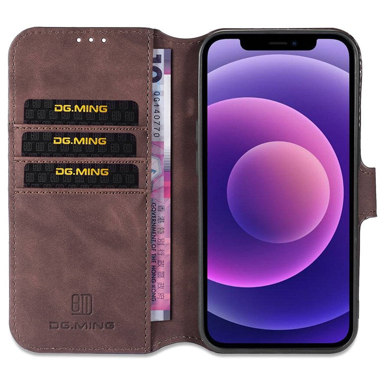 DG.MING For iPhone 14 Plus 6.7 inch Anti-scratch PU Leather Wallet Phone Case Stand Retro Style Magnetic Closure Phone Cover - Coffee