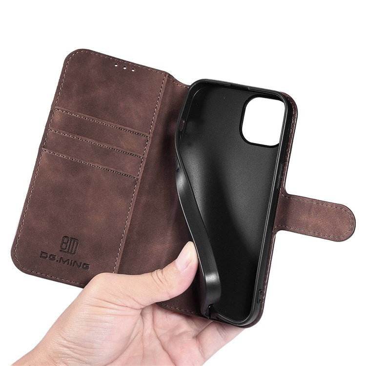 DG.MING For iPhone 14 Plus 6.7 inch Anti-scratch PU Leather Wallet Phone Case Stand Retro Style Magnetic Closure Phone Cover - Coffee