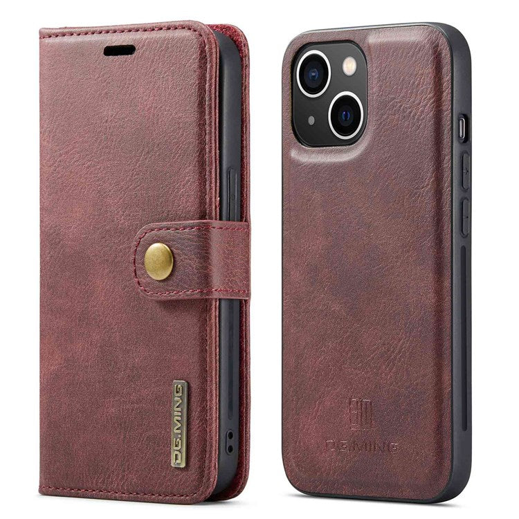 DG.MING For iPhone 14 6.1 inch Detachable Magnetic Case Split Leather Wallet Stand Shockproof  Flip Protective Cover - Red